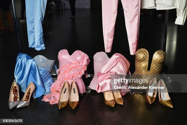 Designs on display backstage ahead the Fashionyard show during Platform Fashion July 2018 at Areal Boehler on July 21, 2018 in Duesseldorf, Germany.