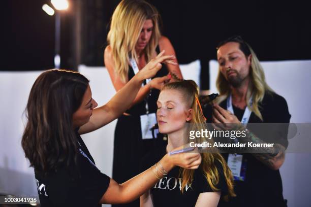 Model is seen backstage ahead the Fashionyard show during Platform Fashion July 2018 at Areal Boehler on July 21, 2018 in Duesseldorf, Germany.