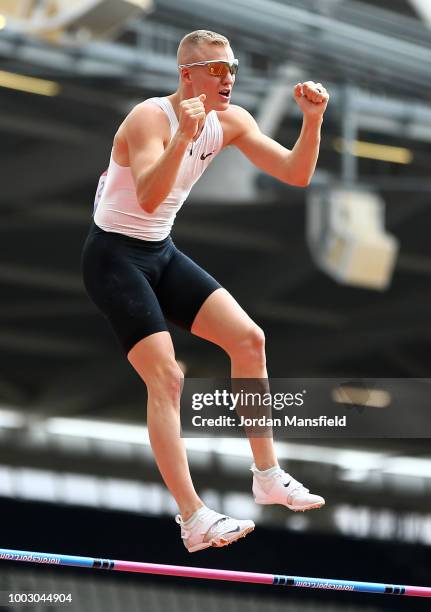 Sam Kendricks of USA competes in the Men's Pole Vault event during Day One of the Muller Anniversary Games at London Stadium on July 21, 2018 in...