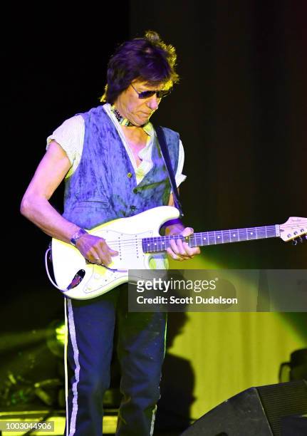 Guitarist Jeff Beck performs onstage during the 'Stars Align Tour' at Five Points Amphitheatre on July 20, 2018 in Irvine, California.