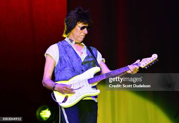 Guitarist Jeff Beck performs onstage during the 'Stars Align Tour' at Five Points Amphitheatre on July 20, 2018 in Irvine, California.