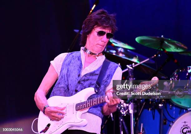 Guitarist Jeff Beck performs onstage during the 'Stars Align Tour' at Five Points Amphitheatre on July 20, 2018 in Irvine, California.