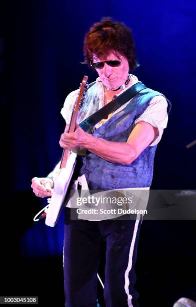 Guitarist Jeff Beck performs onstage during the 'Stars Align Tour' at Five Points Amphitheatre on July 20, 2018 in Irvine, California.