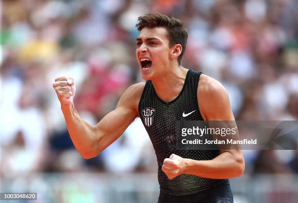 Armand Duplantis of Sweden reacts during the Men's Pole Vault event during Day One of the Muller Anniversary Games at London Stadium on July 21, 2018...