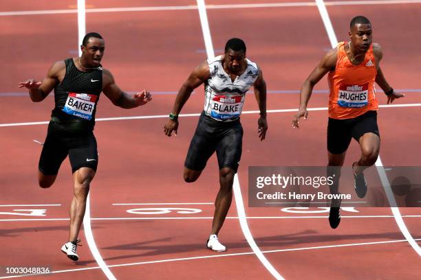 Ronnie Baker of USA, Yohan Blake of Jamaica and Zharnel Hughes of Great Britain compete in the Men's 100m Final race during Day One of the Muller...