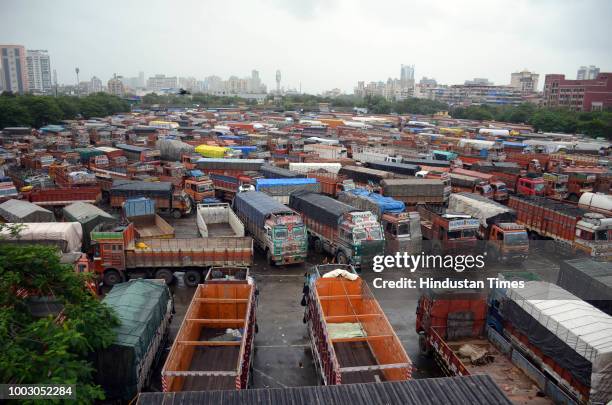 Trucks parked inside APMC Truck Terminal, during indefinite strike called by All India Motor Transport regarding various pending issues of...