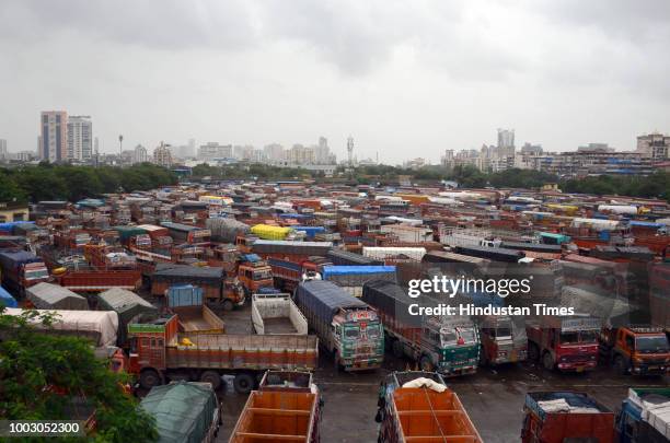 Trucks parked inside APMC Truck Terminal, during indefinite strike called by All India Motor Transport regarding various pending issues of...