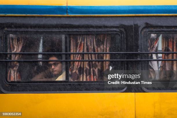 Intercity private bus seen running on the roads during Nationwide Transport Strike at Bandra-Kurla complex, on July 20, 2018 in Mumbai, India. The...