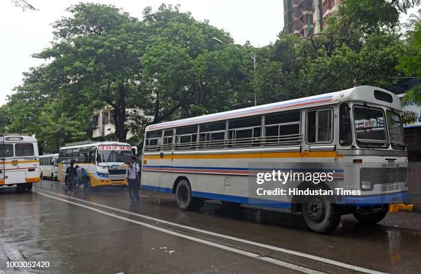 Private buses from Andheri to Speez seen parked in line during Nationwide Transport Strike at Andheri, on July 20, 2018 in Mumbai, India. The All...