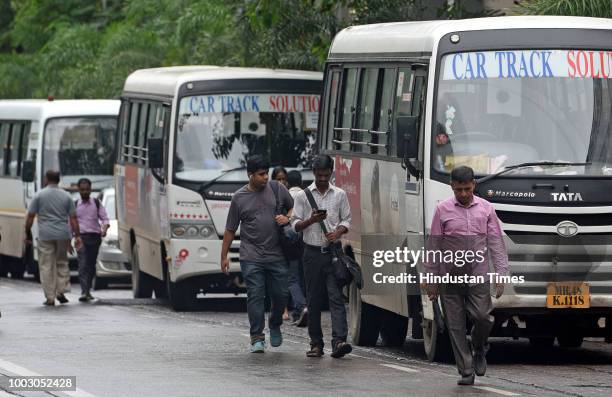 Private buses from Andheri to Speez seen parked in line during Nationwide Transport Strike at Andheri, on July 20, 2018 in Mumbai, India. The All...