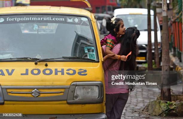 Private school buses seen working during Nationwide Transport Strike at Andheri, on July 20, 2018 in Mumbai, India. The All India Motor Transport...