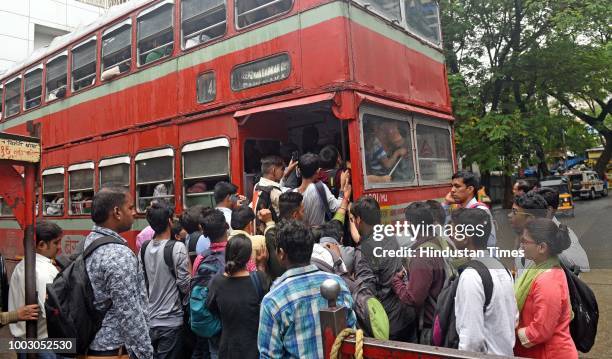 Heavy rush on BEST bus during Nationwide Transport Strike at Andheri, on July 20, 2018 in Mumbai, India. The All India Motor Transport Congress , one...