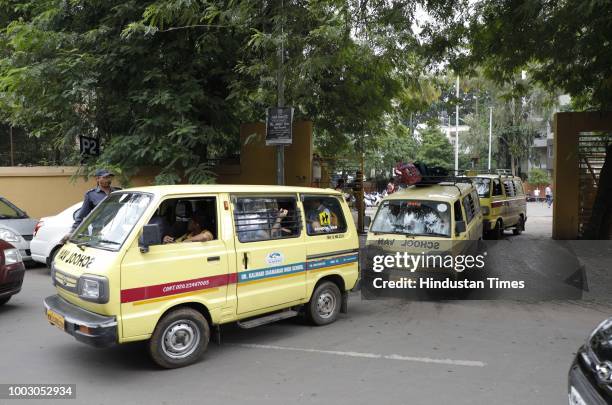 School buses stand as all the transport operators begin their indefinite strike from Thursday midnight strike at Paranjape School, Kothrud, on July...