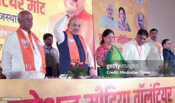 President Amit Shah, Rajasthan chief minister Vasundhara Raje and others at Rajmandir cinema hall for Social Media Volunteer meet, on July 21, 2018...