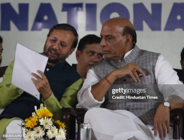 Union Home Minister Rajnath Singh and Union Minister of Human Resource Development Prakash Javdekar during the National-wide rollout of Student...