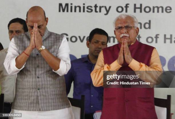 Union Home Minister Rajnath Singh and Haryana Chief Minister Manohar Lal Khattar during the National-wide rollout of Student Police Cadet programme,...