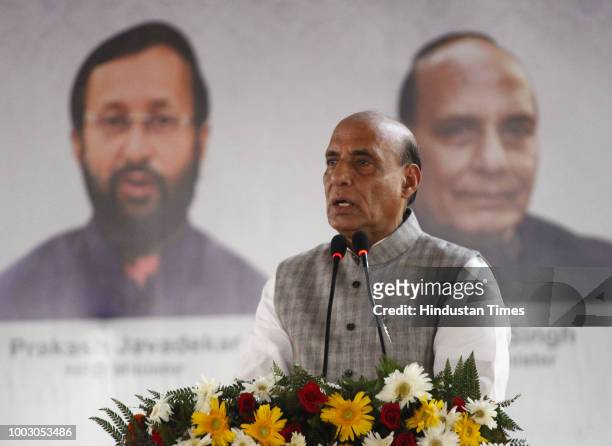 Union Home Minister Rajnath Singh during the National-wide rollout of Student Police Cadet programme, at Tau Devi Lal Stadium, on July 21, 2018 in...