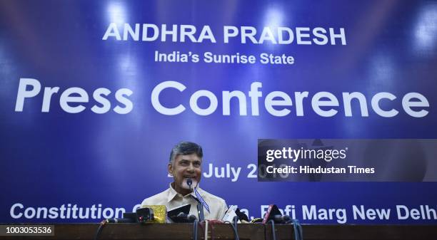 Andhra Pradesh Chief Minister N. Chandrababu Naidu addressing a press conference at Constitutional Club, on July 21, 2018 in New Delhi, India....