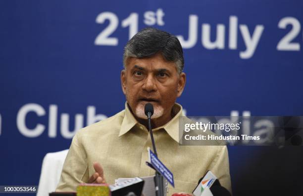 Andhra Pradesh Chief Minister N. Chandrababu Naidu addressing a press conference at Constitutional Club, on July 21, 2018 in New Delhi, India....