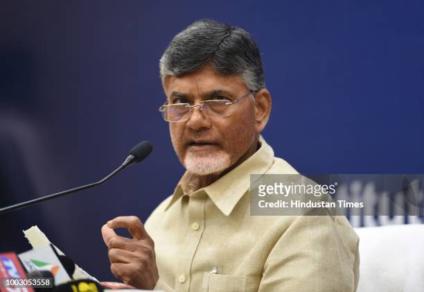 Andhra Pradesh Chief Minister N. Chandrababu Naidu addressing a press conference at Constitutional Club, on July 21, 2018 in New Delhi, India....