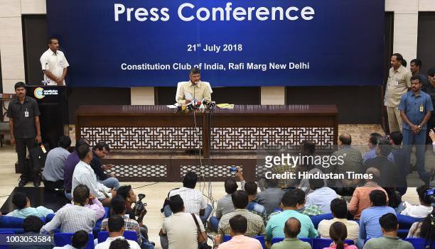 Andhra Pradesh Chief Minister N. Chandrababu Naidu addressing a press conference at Constitutional Club, on July 21, 2018 in New Delhi, India....