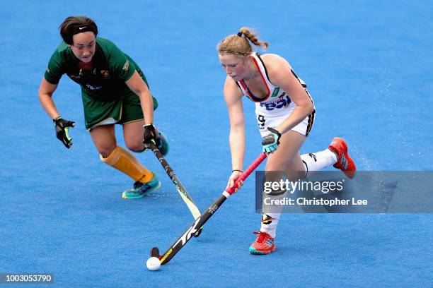 Maike Schaunig of Germany battles with Candice Manuel of SA during the Pool C game between Germany and South Africa of the FIH Womens Hockey World...