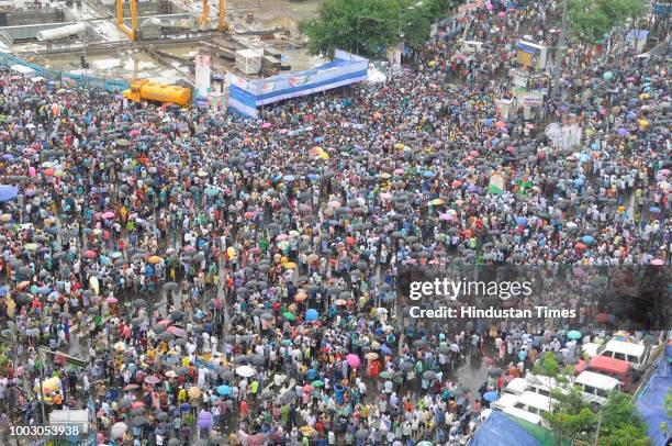 People gathered as Trinamool Congress observes its annual Martyrs Day rally at Esplanade crossing, on July 21, 2018 in Kolkata, India. The Martyrs...