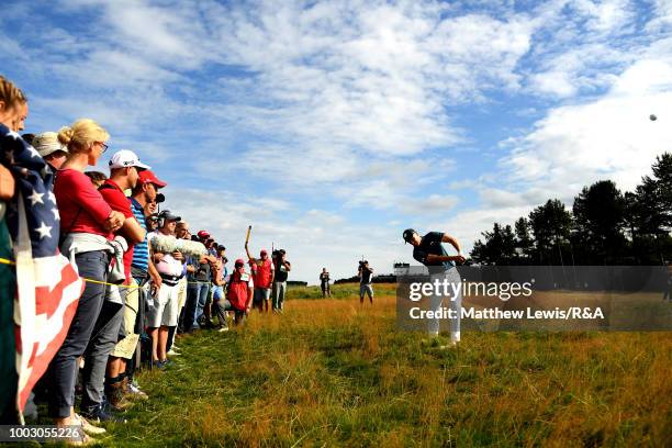 Jordan Spieth of the United States plays his second shot at the 9th hole during round three of the Open Championship at Carnoustie Golf Club on July...