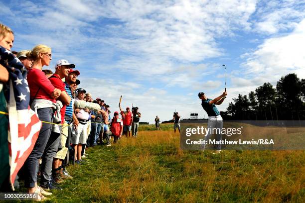 Jordan Spieth of the United States plays his second shot at the 9th hole during round three of the Open Championship at Carnoustie Golf Club on July...
