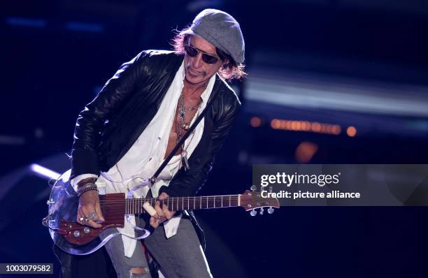 Guitarist Joe Perry of US rock band Aerosmith performs on stage in Munich, Germany, 26 May 2017. The rock band has launched the German leg of their...