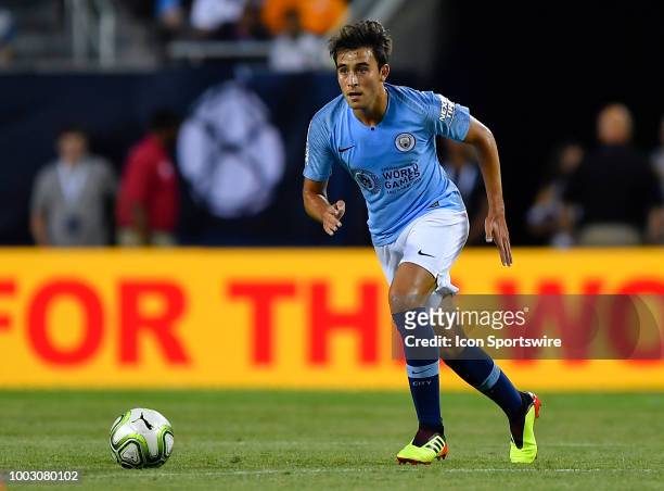 Manchester City defender Eric Garcia dribbles with the ball against the Borussia Dortmund on July 20, 2018 at Soldier Field in Chicago, Illinois.