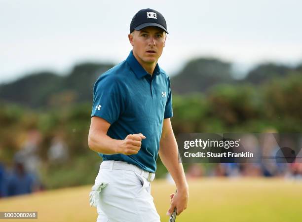 Jordan Spieth of the United States celebrates a birdie on the 16th green during the third round of the 147th Open Championship at Carnoustie Golf...