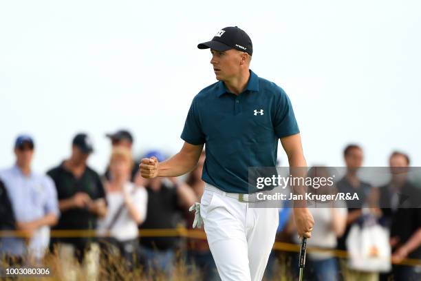 Jordan Spieth of the United States celebrates as he birdies the 16th hole during round three of the Open Championship at Carnoustie Golf Club on July...