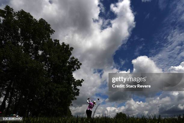 Brittany Lincicome hits her tee shot on the 17th hole during a continuation of the second round of the Barbasol Championship at Keene Trace Golf Club...