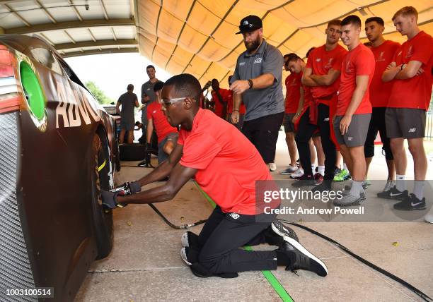 Rafael Camacho of Liverpool changing tyres during a tour of Roush Fenway Racing on July 21, 2018 in Charlotte, North Carolina.