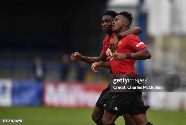 Ethan Laird of Manchester United celebrates after scoring during the u19 NI Super Cup gala match at Coleraine Showgrounds on July 21, 2018 in...