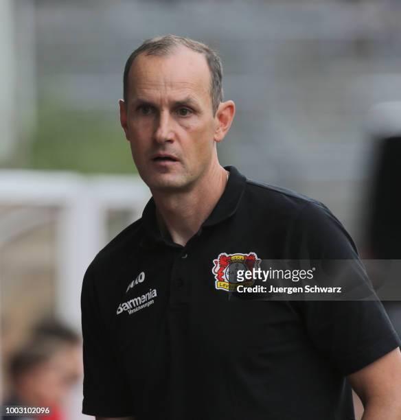 Manager Heiko Herrlich of Leverkusen looks on during a friendly match at Leimbachstadion on July 21, 2018 in Siegen, Germany.