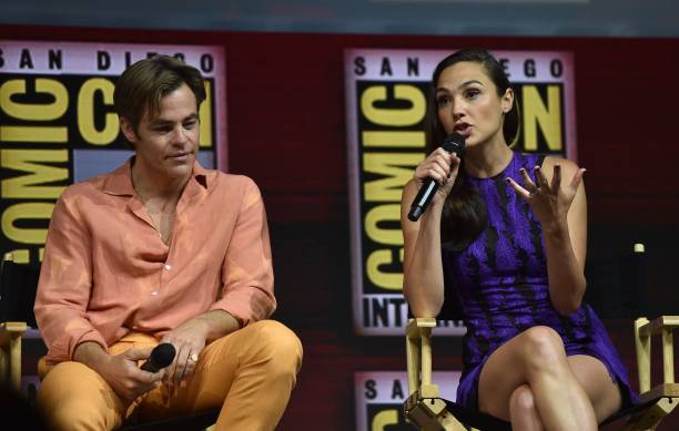 Actors Chris Pine and Gal Gadot participate in the Warner Bros. Theatrical Panel for "Wonder Woman 1984" during Comic Con in San Diego, July 21, 2018.