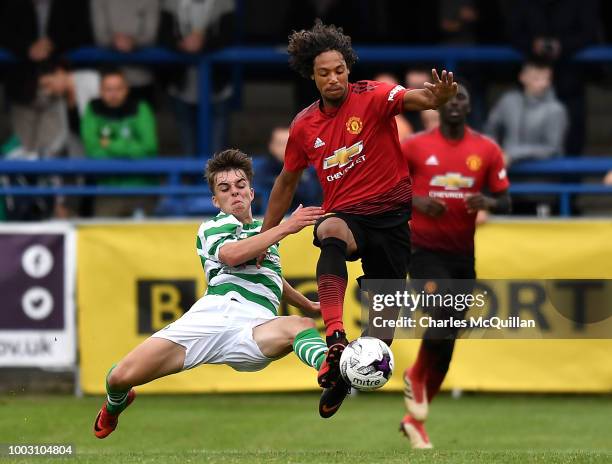 Mani Burghail-Mellor of Manchester United and Grant Savoury of Celtic during the u19 NI Super Cup gala match at Coleraine Showgrounds on July 21,...