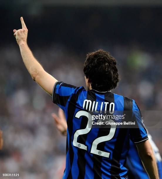 Diego Milito of Inter Milan celebrates after scoring the second goal during the UEFA Champions League Final match between FC Bayern Muenchen and...
