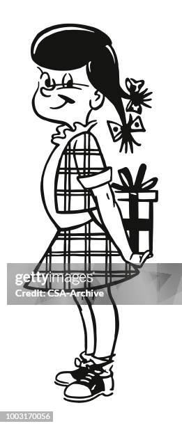 girl holding a gift behind her back - gingham dress stock illustrations