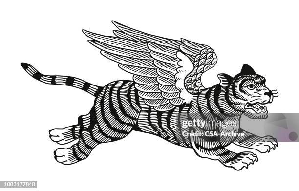 stockillustraties, clipart, cartoons en iconen met gevleugelde tiger - tiger print