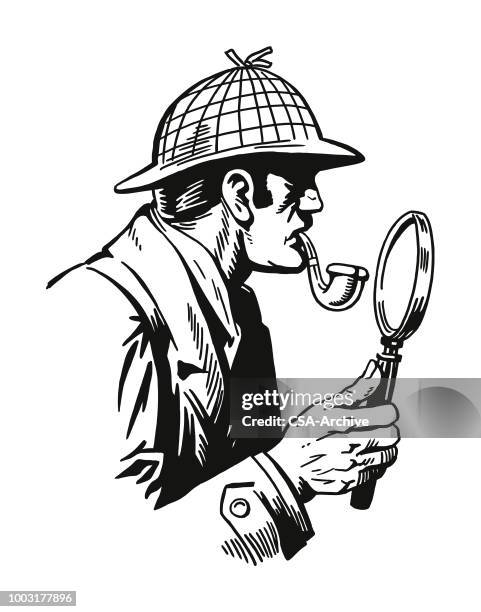 illustrations, cliparts, dessins animés et icônes de détective avec une loupe - homme qui fume