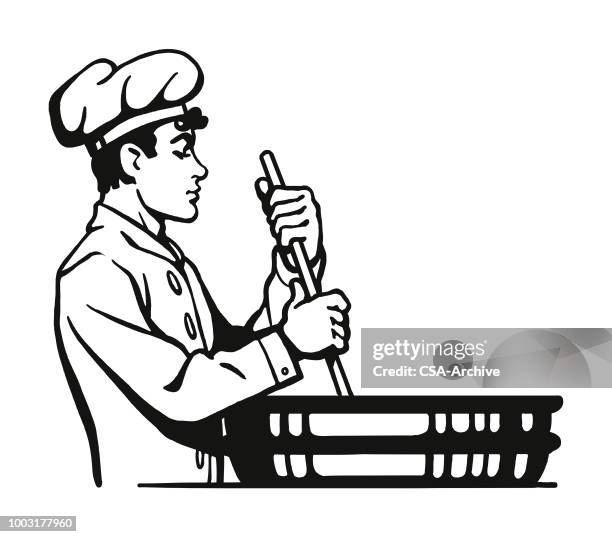 chef stirring a large skillet - stirring stock illustrations