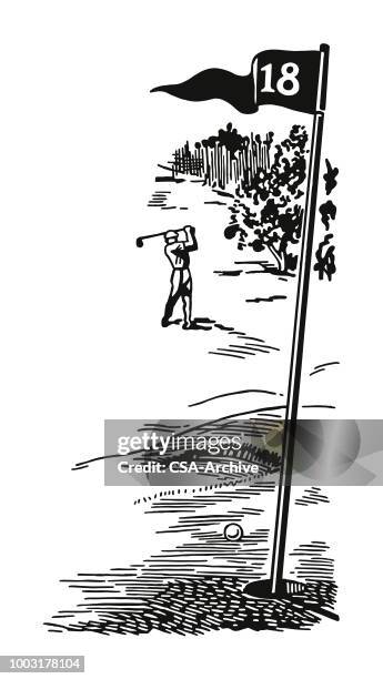 golfer auf dem 18. loch - golfflagge stock-grafiken, -clipart, -cartoons und -symbole