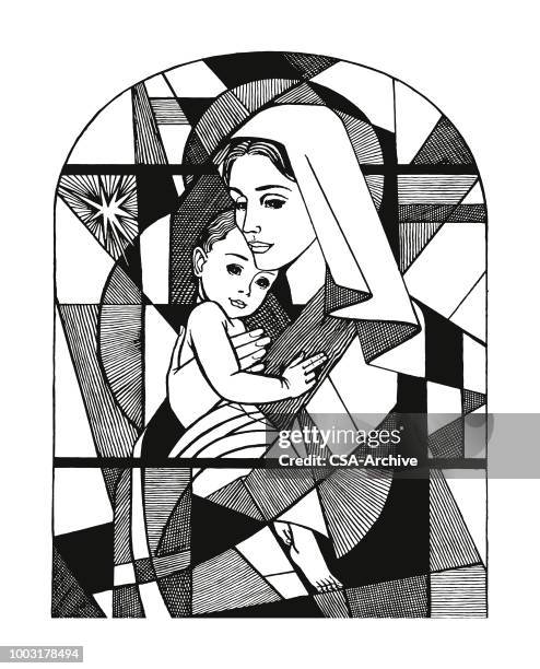 madonna and child stained glass window - mary stock illustrations