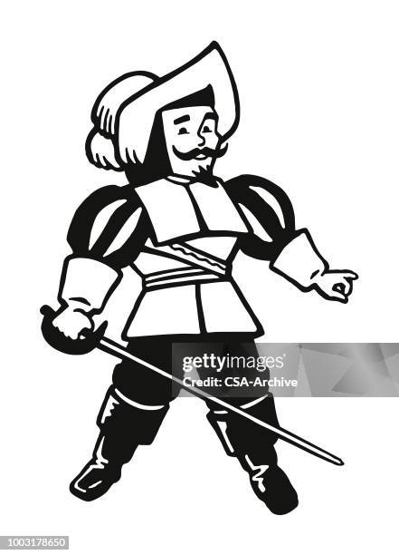 ilustraciones, imágenes clip art, dibujos animados e iconos de stock de sosteniendo una espada de mosquetero - musketeer