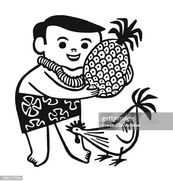 man holding a pineapple and chicken - lei stock illustrations