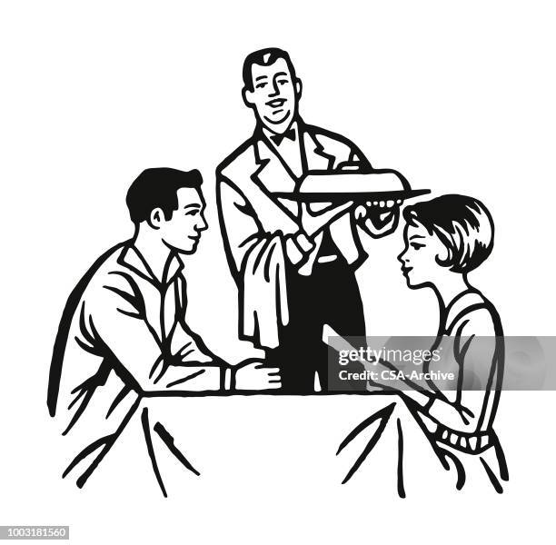 waiter serving dinner at a restaurant - first date dinner stock illustrations