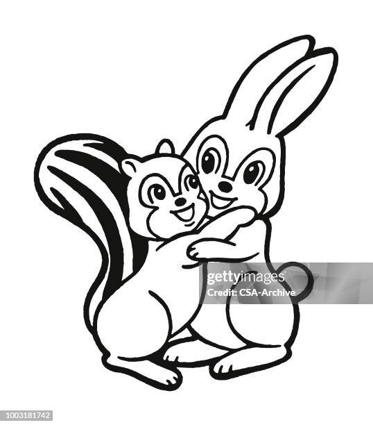 kaninchen und eichhörnchen zu umarmen - chipmunk stock-grafiken, -clipart, -cartoons und -symbole